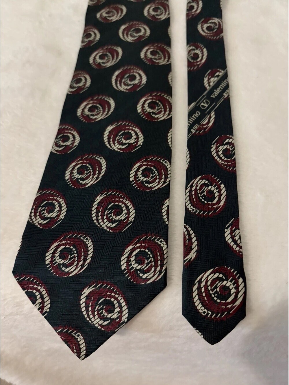Valentino Cravatte Tie Green Burgundy Swirl Print Silk Italy Vtg